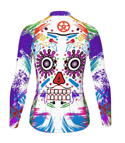 Custom Skull Women's Winter Thermal Fleece Cycling Jersey Long Sleeve