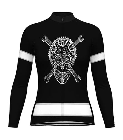 Custom Skull Women's Winter Thermal Fleece Cycling Jersey Long Sleeve