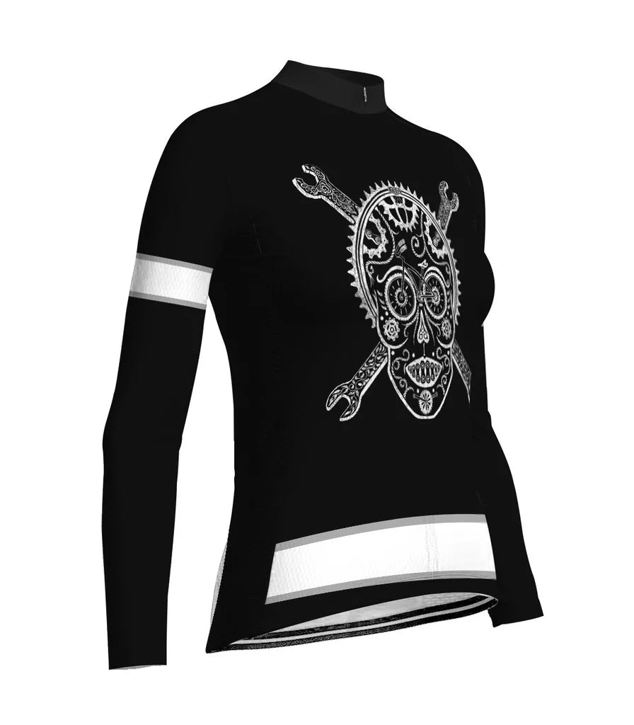 Custom Skull Women's Winter Thermal Fleece Cycling Jersey Long Sleeve