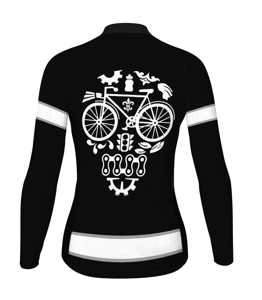 Custom Skull Women's Winter Thermal Fleece Cycling Jersey Long Sleeve