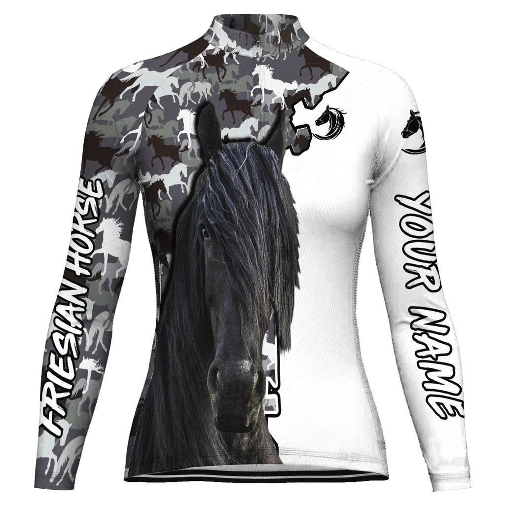 Personalized Friesian Horse Women's Winter Thermal Fleece Cycling Jersey Long Sleeve