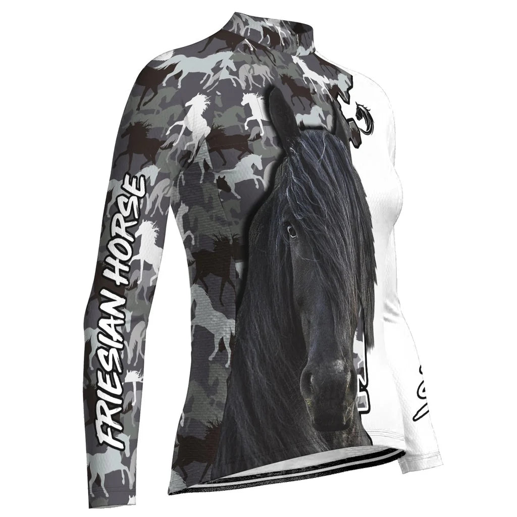 Personalized Friesian Horse Women's Winter Thermal Fleece Cycling Jersey Long Sleeve
