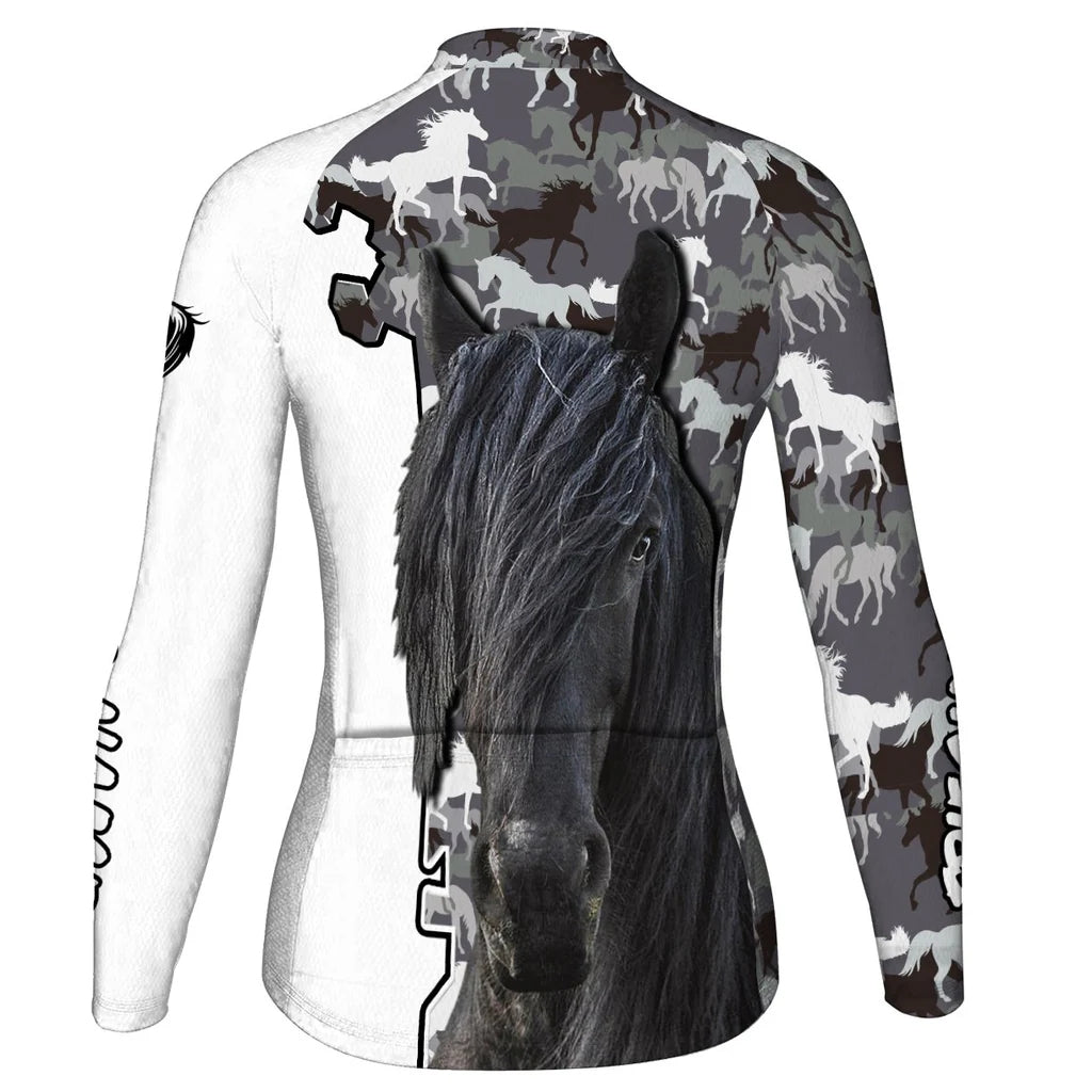 Personalized Friesian Horse Women's Winter Thermal Fleece Cycling Jersey Long Sleeve