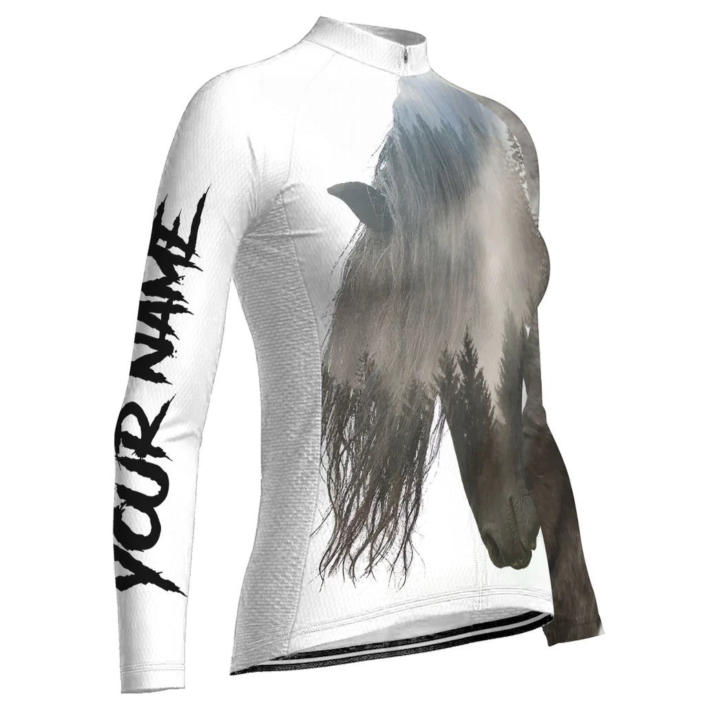 Personalized Friesian Horse Women's Winter Thermal Fleece Cycling Jersey Long Sleeve