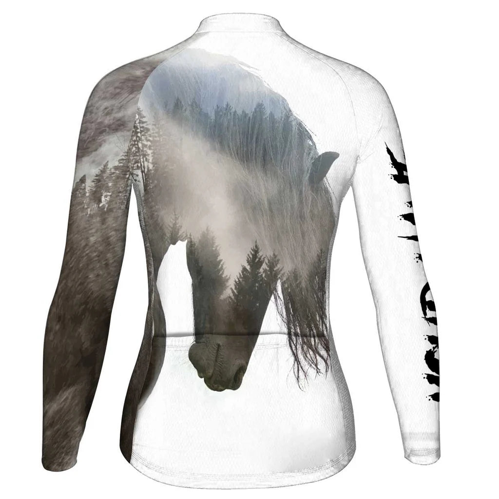 Personalized Friesian Horse Women's Winter Thermal Fleece Cycling Jersey Long Sleeve