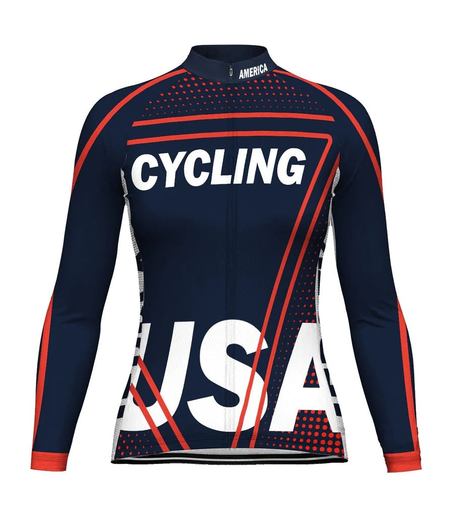 Custom Navy Women's Winter Thermal Fleece Cycling Jersey Long Sleeve