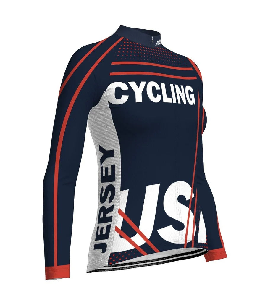 Custom Navy Women's Winter Thermal Fleece Cycling Jersey Long Sleeve