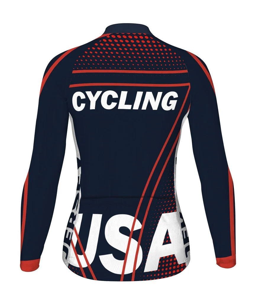 Custom Navy Women's Winter Thermal Fleece Cycling Jersey Long Sleeve