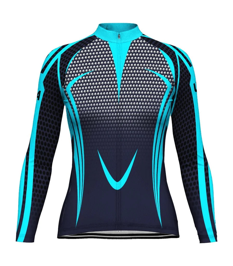 Custom Navy Women's Winter Thermal Fleece Cycling Jersey Long Sleeve