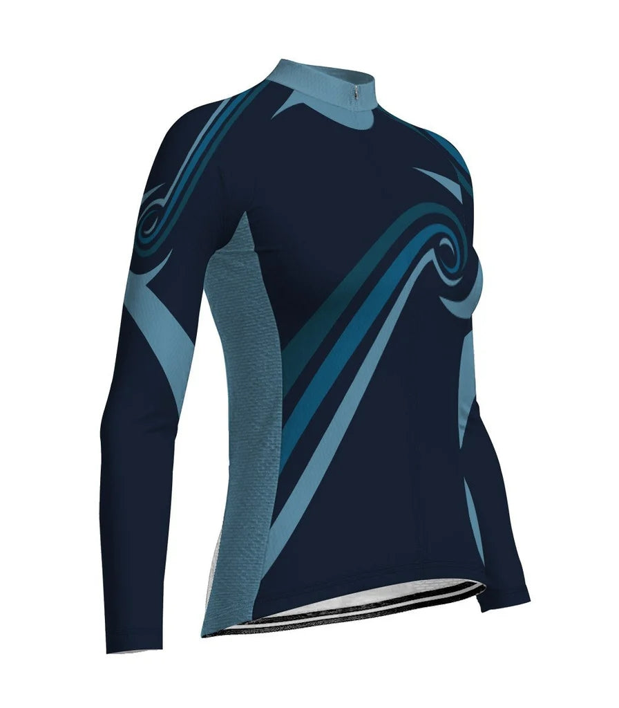 Custom Navy Women's Winter Thermal Fleece Cycling Jersey Long Sleeve