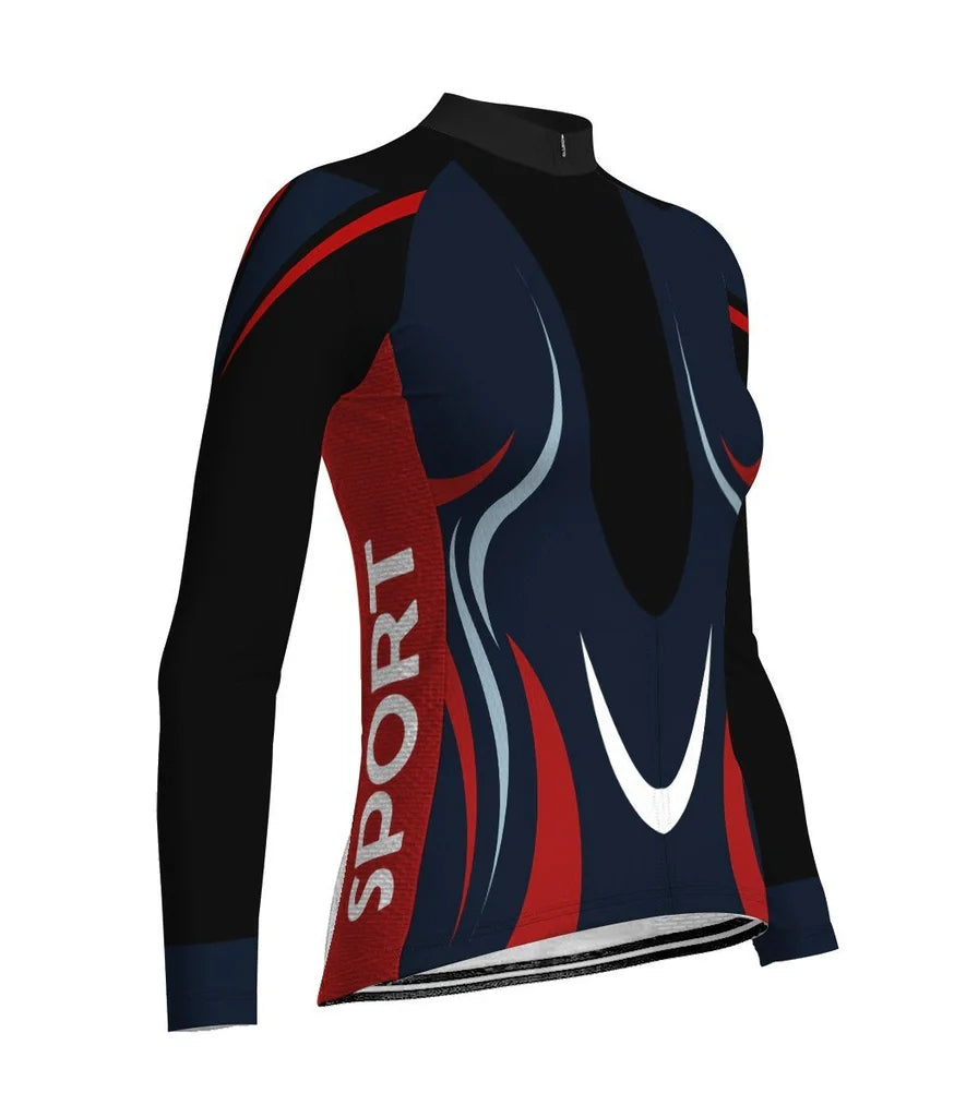 Custom Navy Women's Winter Thermal Fleece Cycling Jersey Long Sleeve