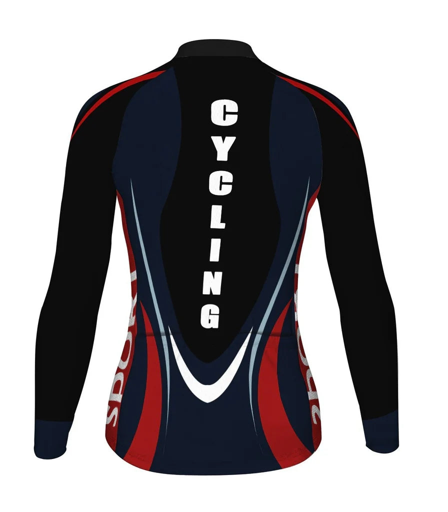 Custom Navy Women's Winter Thermal Fleece Cycling Jersey Long Sleeve