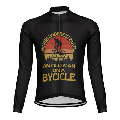 Customized Never Underestimate An Old Man With A Bicycle Men's Winter Thermal Fleece Cycling Jersey Long Sleeve