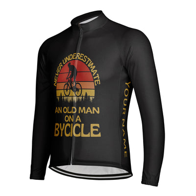 Customized Never Underestimate An Old Man With A Bicycle Men's Winter Thermal Fleece Cycling Jersey Long Sleeve